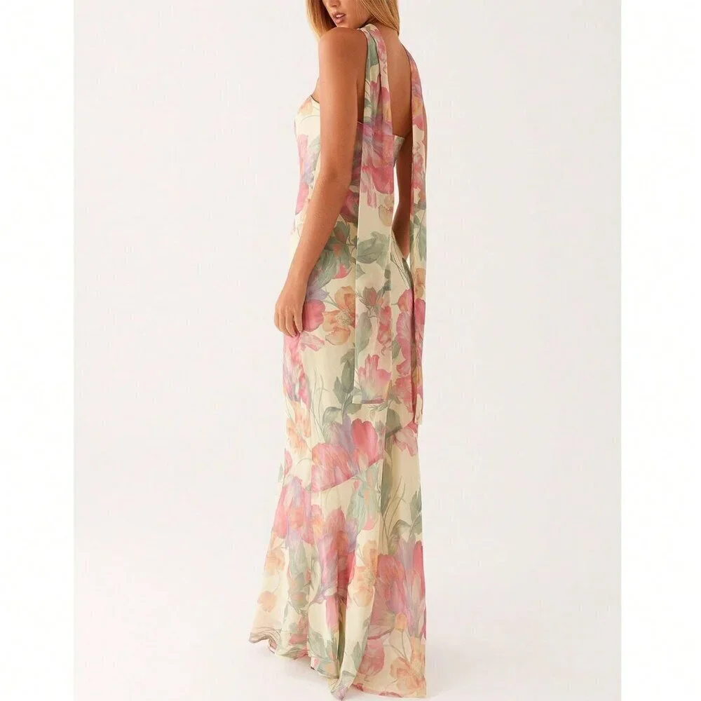 Pink Elegant Women's Floral Strapless Dress Y2k Backless Sleeveless Tube - Picture 5 of 7